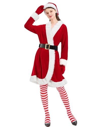 Cusghjbsg Weihnachtsmann-Kleid für Damen, Plüsch, Patchwork, Kontrastfarbe, langärmelig, Wickelkleid, V-Ausschnitt, Cardigan-Kleid mit Nikolausmütze (Burgundy A, S) von Cusghjbsg