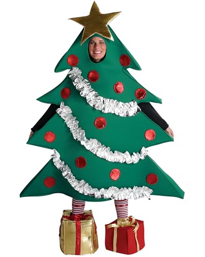 Erwachsenen-Weihnachtskostüm für Herren und Damen, Weihnachtsbaum-Form, Performance-Outfits + Geschenk-geformte Schuhe, Unisex-Kleidungs-Set (Grün A, Einheitsgröße) von Cusghjbsg