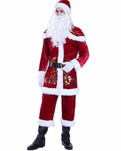 Herren Weihnachtsmann-Kostüm-Set, ausgefallenes Samt, Weihnachten, Cosplay, Outfit, Motto-Party, Bühnenshow, Rollenspiel-Kostüm mit Gürtel und Hüten (Rot, D, XL) von Cusghjbsg