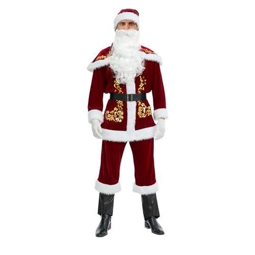 Herren Weihnachtsmann-Kostüm-Set, ausgefallenes Samt, Weihnachten, Cosplay, Outfit, Motto-Party, Bühnenshow, Rollenspiel-Kostüm mit Gürtel und Hüten (rote Frau A, XXL) von Cusghjbsg