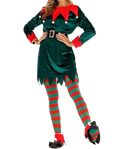 Weihnachtselfen-Kostüm-Set für Damen, langärmelig, Samt, A-Linie, Kleid und Gürtel, Hut, Schuhe, gestreifte Strümpfe, Urlaub, Party, Cosplay-Set (B-Multicolor, XL) von Cusghjbsg