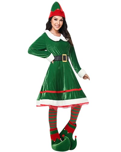 Weihnachtselfen-Kostüm-Set für Damen, langärmelig, Samt, A-Linie, Kleid und Gürtel, Hut, Schuhe, gestreifte Strümpfe, Urlaub, Party, Cosplay-Set (C-Grün, L) von Cusghjbsg
