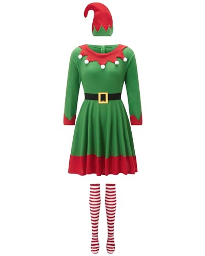 Weihnachtselfen-Kostüm-Set für Damen, langärmelig, Samt, A-Linie, Kleid und Gürtel, Hut, Schuhe, gestreifte Strümpfe, Urlaub, Party, Cosplay-Set (D-Grün, M) von Cusghjbsg