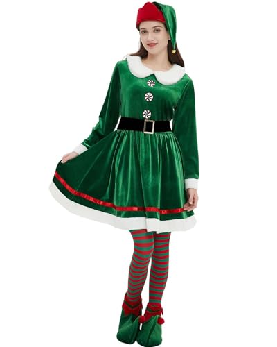 Weihnachtselfen-Kostüm-Set für Damen, langärmelig, Samt, A-Linie, Kleid und Gürtel, Hut, Schuhe, gestreifte Strümpfe, Urlaub, Party, Cosplay-Set (E-Grün, S) von Cusghjbsg