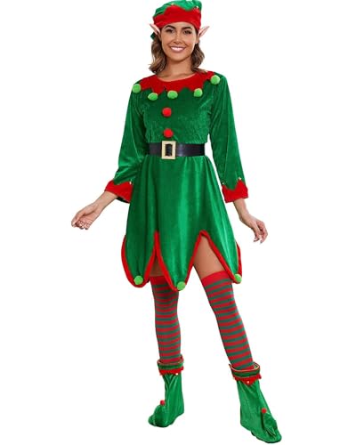 Weihnachtselfen-Kostüm-Set für Damen, langärmelig, Samt, A-Linie, Kleid und Gürtel, Hut, Schuhe, gestreifte Strümpfe, Urlaub, Party, Cosplay-Set (Grün, A, XL) von Cusghjbsg