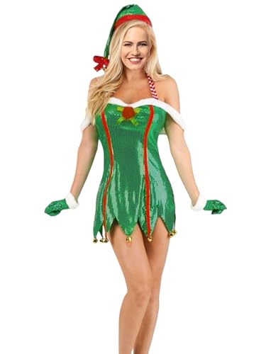 Weihnachtselfen-Kostüm-Set für Damen, langärmelig, Samt, A-Linie, Kleid und Gürtel, Hut, Schuhe, gestreifte Strümpfe, Urlaub, Party, Cosplay-Set (Grün 01, L) von Cusghjbsg