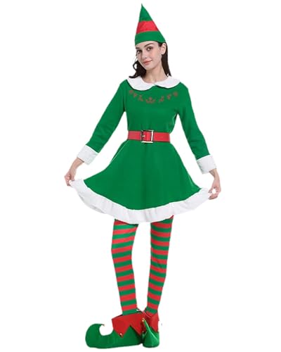 Weihnachtselfen-Kostüm-Set für Damen, langärmelig, Samt, A-Linie, Kleid und Gürtel, Hut, Schuhe, gestreifte Strümpfe, Urlaub, Party, Cosplay-Set (Grün A, S) von Cusghjbsg