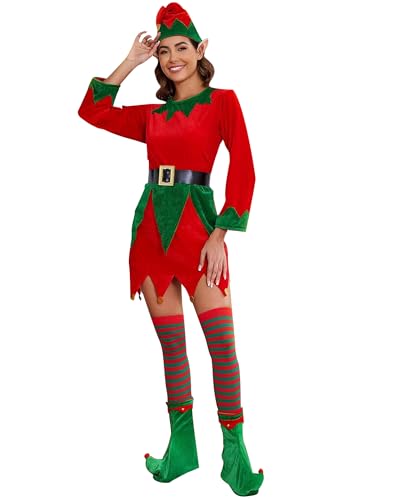 Weihnachtselfen-Kostüm-Set für Damen, langärmelig, Samt, A-Linie, Kleid und Gürtel, Hut, Schuhe, gestreifte Strümpfe, Urlaub, Party, Cosplay-Set (Rot, A, L) von Cusghjbsg