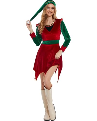 Weihnachtselfen-Kostüm-Set für Damen, langärmelig, Samt, A-Linie, Kleid und Gürtel, Hut, Schuhe, gestreifte Strümpfe, Urlaub, Party, Cosplay-Set (Rot, G, M) von Cusghjbsg