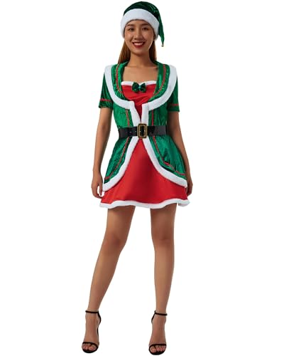 Weihnachtselfenkostüm-Set für Erwachsene, für Damen und Herren, lustiger Weihnachtsbaummantel mit Hose, Spleißkleid, Rollenspiel-Outfits (grüne Frau A, L) von Cusghjbsg