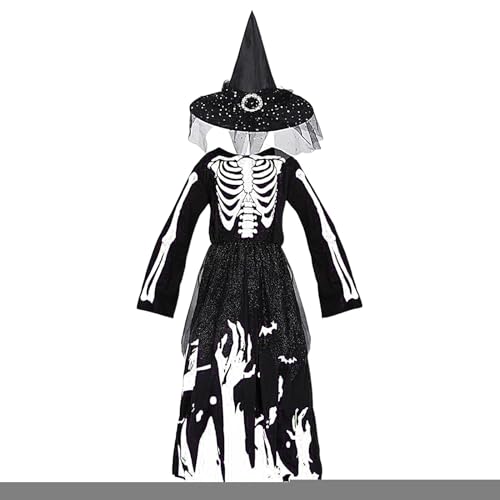 Cushangty Hexenkostüm Für Mädchen | Kinder Hexenkleid Mit Skelett-Motiv | Halloween Verkleidung Für Kindergeburtstage Feiern Und Karnevalsfeste von Cushangty
