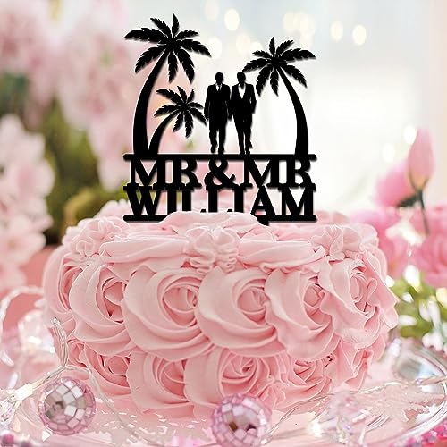 Gay Couple Mr & Mr Tropical Cake Topper Tree with Grooms Date Gays Happy Birthday Cake Topper Gay and Lesbian Acrylic Black Graduation Wedding Pastries Decorations Funny Gifts for Adults Girls von CustonCares