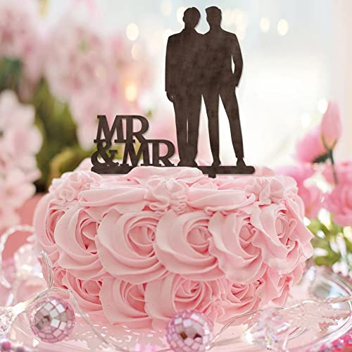 Hochzeitstortenaufsätze aus Holz, Motiv: Mr & MR, Silhouette, männliches Paar, rustikale Hochzeitstortenaufsätze, Liebe, Schwule, Hochzeit, Verlobung, Geschenke von CustonCares