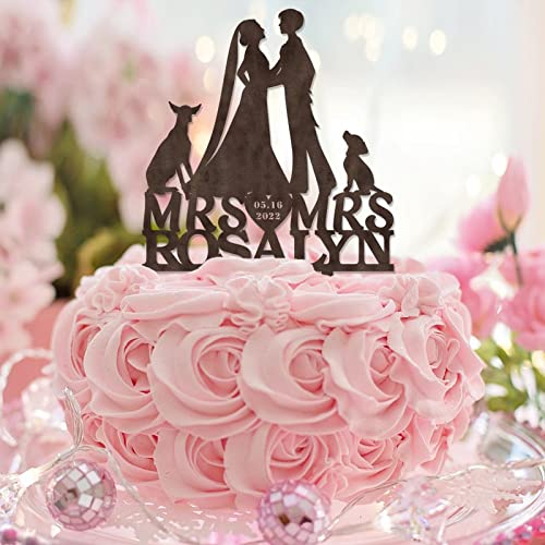 Hochzeitstortenaufsatz "Mrs and Mrs" aus Holz mit Hund und Katze, 2 Bräute, Silhouette, zwei Frauen, Hochzeitstortendekoration, personalisierbar, Nachname, Datum, Lesben, Hochzeit, Verlobung, von CustonCares