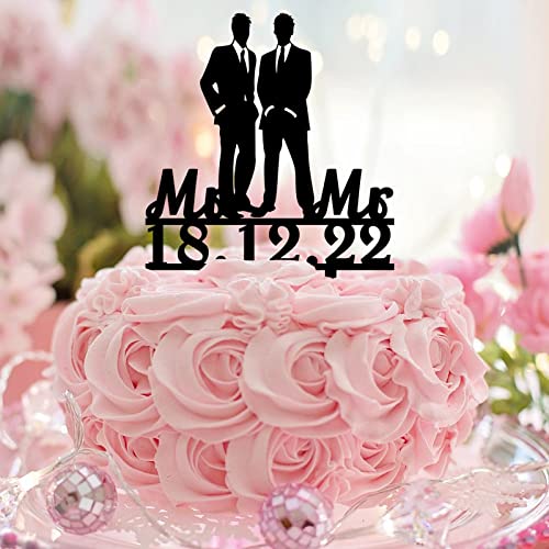 Tortenaufsatz "Mr & Mr" aus Acryl, Motiv: 2 Männer, LGBTQ, Hochzeitsparty-Zubehör, personalisierbar, Paare, Namen, Datum, Schwule, Hochzeit, Verlobung, Geschenke, Schwarz von CustonCares