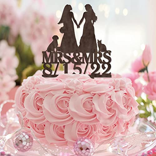 Tortenaufsatz "Mrs and Mrs" aus Holz mit Hund und Katze, 2 Bräute, Silhouette, zwei Frauen, Hochzeitstag, Party-Dekoration, personalisierter Familienname, Datum, Hochzeitsgeschenke von CustonCares