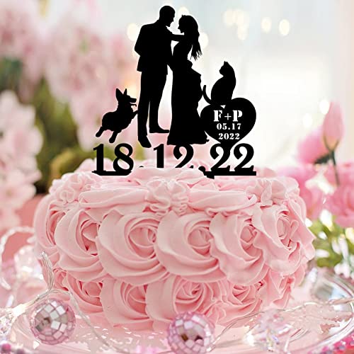 Tortenaufsatz aus Acryl, Motiv: "Mr & Mrs", personalisierter Name, Hochzeit, Datum, Silhouette mit Hund, Katze, Landhaus, Braut und Bräutigam, Kuchendekoration für Hochzeit, Verlobung, Party Tortenaufsatz aus Acryl, Motiv: "Mr & Mrs", personalisierter Name, Hochzeit, Datum, Silhouette mit Hund, Katze, Landhaus, Braut und Bräutigam, Kuchendekoration für Hochzeit, Verlobung, Party von CustonCares