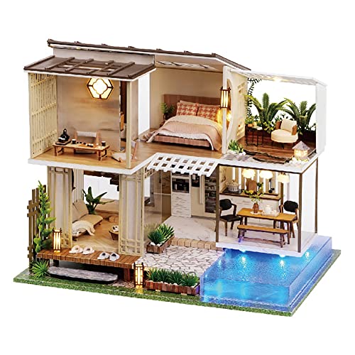 3D-Puzzle Puppenhaus DIY Holz Miniaturhaus Modellbausatz Chalet mit Pool von CUTEROOM