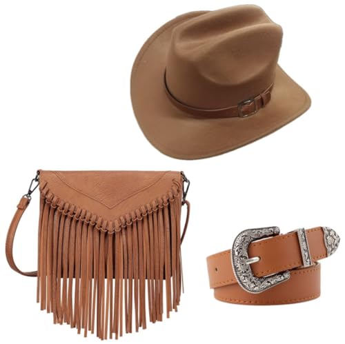 Cutecrop 3-teiliges Western-Cowgirl-Outfit für Damen, Cowboyhut, PU-Leder, Crossbody-Tasche, Geldbörse, Gürtel, Cowgirl-Kostüm-Zubehör, Braun, Einheitsgröße Cutecrop 3-teiliges Western-Cowgirl-Outfit für Damen, Cowboyhut, PU-Leder, Crossbody-Tasche, Geldbörse, Gürtel, Cowgirl-Kostüm-Zubehör, Braun, Einheitsgröße von Cutecrop