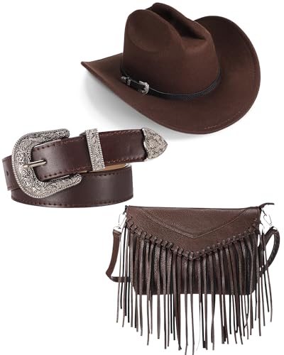 Cutecrop 3-teiliges Western-Cowgirl-Outfit für Damen, Cowboyhut, PU-Leder, Crossbody-Tasche, Geldbörse, Gürtel, Cowgirl-Kostüm-Zubehör, Kaffee, Einheitsgröße Cutecrop 3-teiliges Western-Cowgirl-Outfit für Damen, Cowboyhut, PU-Leder, Crossbody-Tasche, Geldbörse, Gürtel, Cowgirl-Kostüm-Zubehör, Kaffee, Einheitsgröße von Cutecrop