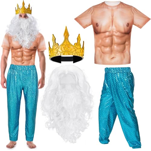 Cutecrop 4-teiliges Halloween-Poseidon-Kostüm-Set, Meerjungfrauenhose, Krone, Perücke und Bart für Herren, Blau, Größe XL Cutecrop 4-teiliges Halloween-Poseidon-Kostüm-Set, Meerjungfrauenhose, Krone, Perücke und Bart für Herren, Blau, Größe XL von Cutecrop