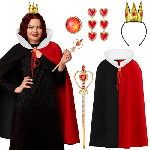 Cutecrop 5-teiliges Halloween-Königin-Zubehör-Set mit rotem und schwarzem Umhang, Herz, Krone, Zauberstab, Brosche, Umhang, Ohrringe für Damen, Mehrfarbig, Einheitsgröße Cutecrop 5-teiliges Halloween-Königin-Zubehör-Set mit rotem und schwarzem Umhang, Herz, Krone, Zauberstab, Brosche, Umhang, Ohrringe für Damen, Mehrfarbig, Einheitsgröße von Cutecrop