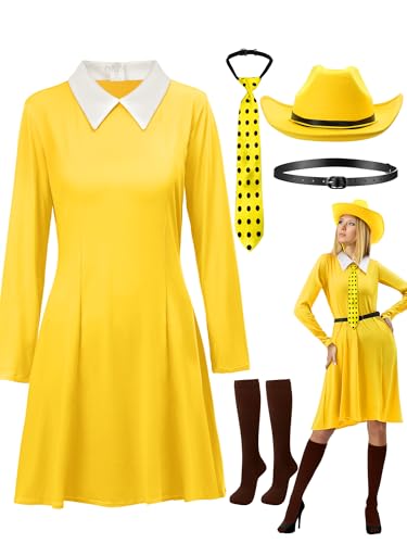 Cutecrop 5-teiliges gelber Hut-Kostüm, stilvoll, Cosplay, spitzer Hut, gepunktet, Krawatte, Zubehör, Halloween, Cosplay-Set für Damen (XL) von Cutecrop