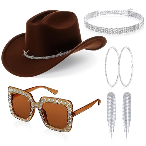 Cutecrop Cowgirl-Hut für Damen, glitzernde Cowboy-Ohrringe, Halskette, Sonnenbrille, Kostüm für Halloween, Party, Cosplay, Braun, 5 Stück Cutecrop Cowgirl-Hut für Damen, glitzernde Cowboy-Ohrringe, Halskette, Sonnenbrille, Kostüm für Halloween, Party, Cosplay, Braun, 5 Stück von Cutecrop