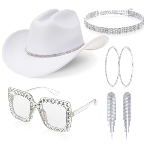 Cutecrop Cowgirl-Hut für Damen, glitzernde Cowboy-Ohrringe, Halskette, Sonnenbrille, Kostüm für Halloween, Party, Cosplay, Weiß, 5 Stück Cutecrop Cowgirl-Hut für Damen, glitzernde Cowboy-Ohrringe, Halskette, Sonnenbrille, Kostüm für Halloween, Party, Cosplay, Weiß, 5 Stück von Cutecrop