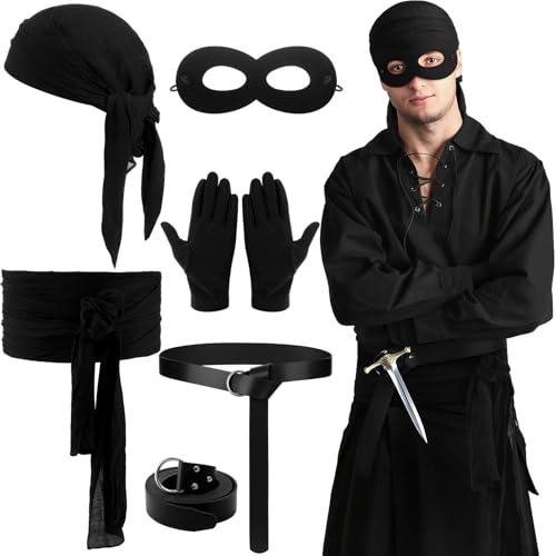 Cutecrop Halloween-Piratenkostüm, Cosplay-Zubehör für Herren, inklusive schwarzer Taillenschärpe, Kopftuch, Augenmaske, Piratenhandschuhe, Halloween-Party-Outfit, 5 Stück von Cutecrop