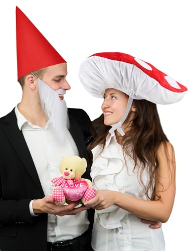 Cutecrop Lustiges Halloween-Paar-Kostüm für Damen und Herren, Pilz- und Zwergenhut, Bartzubehör für Halloween, Party, Cosplay, 3 Stück von Cutecrop