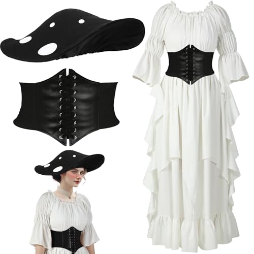 Cutecrop Renaissance-Pilz-Kostüm mit Hut und Gürtel für Damen, viktorianisches Feen-Kostüm, Retro-Kleid, Cosplay (Schwarz, Größe S/M) von Cutecrop