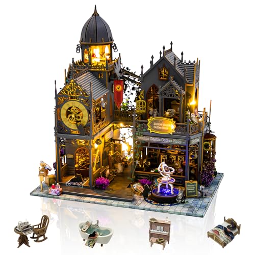 Cuteefun DIY Hölzernes Puppenhaus Kit, Miniatur Haus mit LED-Licht, Einzigartige Handgemachte Kunstwerke, Bauen Sie Ihr Eigenes Traumhaus Modell, Ideal für Geburtstag Weihnachten (Magisches Schloss) von Cuteefun