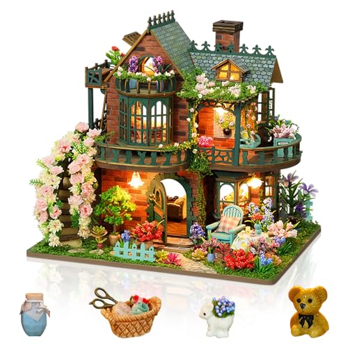 Cuteefun DIY Hölzernes Puppenhaus Kit, Miniatur Haus mit LED-Licht, Einzigartige handgemachte Kunstwerke, Bauen Sie Ihr eigenes Traumhaus Modell, Ideal für Geburtstag Weihnachten (Elfengarten) von Cuteefun
