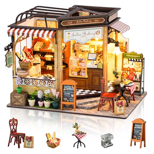 Cuteefun DIY Miniatur Haus Puppenhaus, Holzpuppenhaus mit LED, Winziges Haus Bausatz für Erwachsene zum Bauen, Einzigartiges Geschenk zum Geburtstag Weihnachten (Bäckerei) von Cuteefun