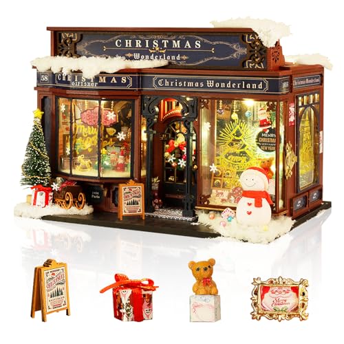 Cuteefun DIY Miniatur Haus Puppenhaus, Holzpuppenhaus mit LED, Winziges Haus Bausatz für Erwachsene zum Bauen, Einzigartiges Geschenk zum Geburtstag Weihnachten (Weihnachtswunderland) von Cuteefun