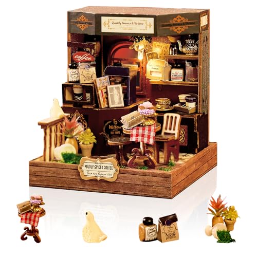 Cuteefun DIY Miniatur Puppenhaus Kit, Handgefertigtes Holzhandwerk, mit LED-Licht, für Erwachsene und Jugendliche, Bauen Sie Ihr eigenes Traumhaus Modell (Kaffeehaus) von Cuteefun