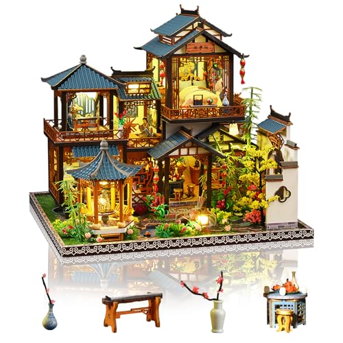 Cuteefun DIY Miniatur Puppenhaus Kit, Puppenhaus Holz Modellbausätze mit LED-Licht, für Erwachsene und Jugendliche, Bauen Sie Ihr eigenes Traumhaus Modell (Blumengarten) von Cuteefun