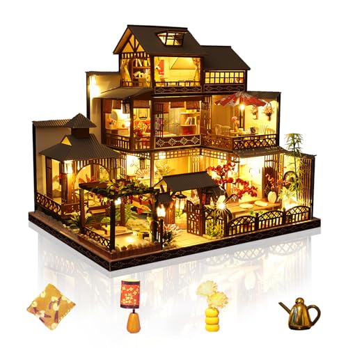 Cuteefun DIY Miniatur Puppenhaus Kit, Puppenhaus Holz Modellbausätze mit LED-Licht, für Erwachsene und Jugendliche, Bauen Sie Ihr eigenes Traumhaus Modell (Freizeit-Hof) von Cuteefun