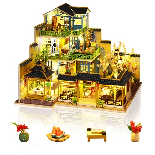 Cuteefun DIY Miniatur Puppenhaus Kit, Puppenhaus Holz Modellbausätze mit LED-Licht, für Erwachsene und Jugendliche, Bauen Sie Ihr eigenes Traumhaus Modell (Grüner Frühlingshof) von Cuteefun