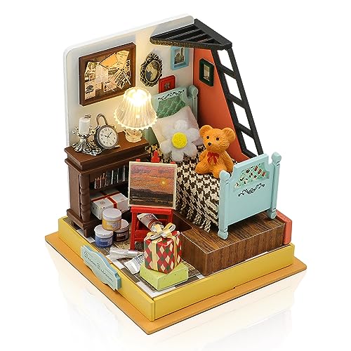 Cuteefun DIY Puppenhaus Miniatur, Miniatur Haus Selber Bauen, Kleine Deko Puppen Haus Kit mit Werkzeugen Bastelset für Geburtstag Weihnachten (Traumschlafzimmer) von Cuteefun