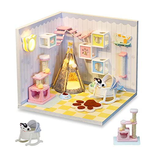 Cuteefun DIY Puppenhaus Miniatur Haus für Anfänger zum Bauen, Miniatur Puppenhaus zum Selber Bauen, Minaturen Häuser Kit mit Werkzeugen, Bastelset Häuschen Holz (Katzenhaus) von Cuteefun