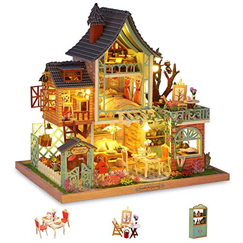 Cuteefun DIY Puppenhaus Miniatur Haus zum Selber Bauen für Erwachsene, Miniatur Puppenhaus Kit mit Möbelmusik und Werkzeug, Bastelset Häuschen Holz (Glückliches Dschungelresort) von Cuteefun