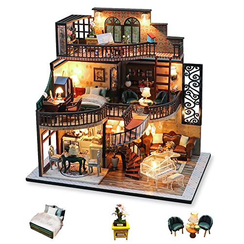 Cuteefun DIY Puppenhaus Miniatur Haus zum Selber Bauen für Erwachsene, Miniatur Puppenhaus Kit mit Werkzeug, Bastelset Häuschen Holz (Vintage-Loft) von Cuteefun
