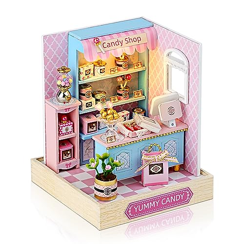 Cuteefun DIY Puppenhaus Miniatur mit Werkzeugen Bastelset, Miniatur Puppenhaus zum Selber Bauen, Kleine Deko Puppen Haus Kit für Geburtstag Weihnachten (Leckere Süßigkeiten) von Cuteefun