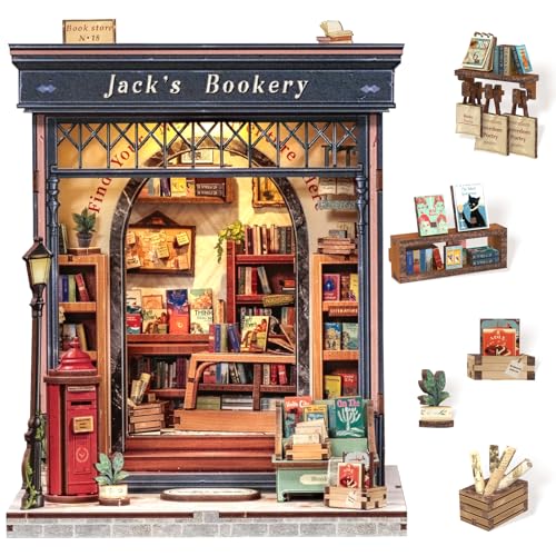 Cutefun Book Nook Kit - DIY Miniaturhaus Kit - 3D Holzpuzzle Mini Haus Bausatz mit LED, Puppenhaus Kit Bücherregal Einsatz Dekor Kreative Geschenke für Jugendliche und Erwachsene(Jack's Bookery) von Cutefun