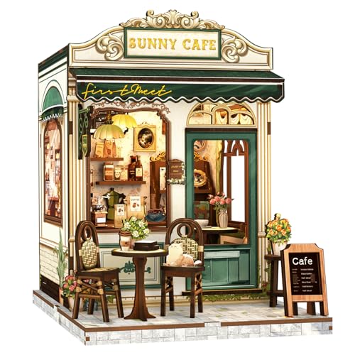Cutefun Book Nook Kit, DIY Miniaturhaus Kit für Erwachsene, 3D Holzpuzzle Mini Haus Bauset mit LED, Puppenhaus Kit Bücherregal Einsatz Dekor Kreative Geschenke für Frauen (Sunny Cafe) von Cutefun