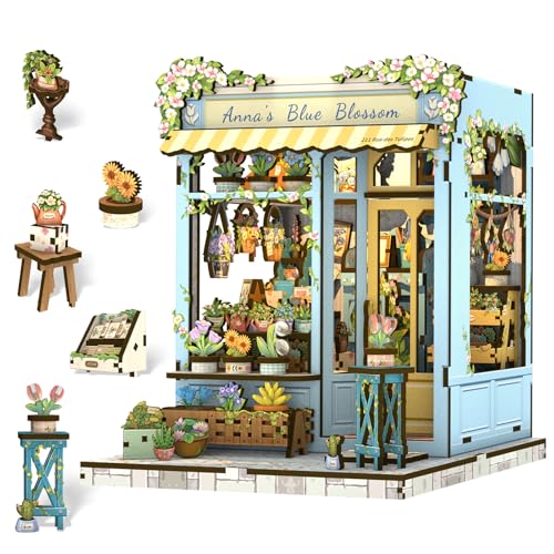 Cutefun Book Nook Kit, DIY Miniaturhaus-Set für Erwachsene, 3D-Holzpuzzle, Mini-Haus-Bauset mit LED, Puppenhaus-Set, Bücherregal-Einsatz, Dekoration, kreative Geschenke für Frauen (Annas blaue Blüte) von Cutefun