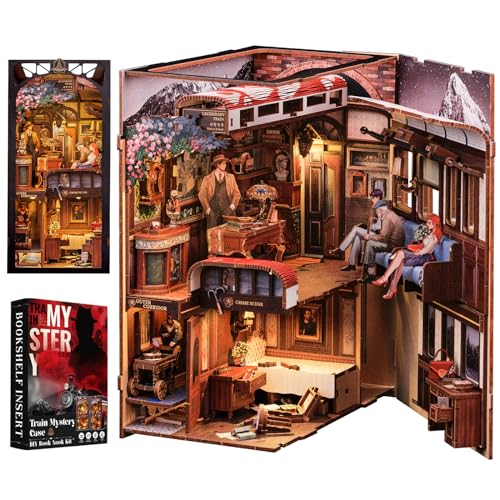 Cutefun Book Nook Kit,Puppenhaus,DIY Miniatur Haus Book Nook,Häuser Modellbausätze mit LED Leuchten und Einsteckbar Staubschutzplatte,Modellbau Kit für Erwachsene,Train Mystery Case von Cutefun