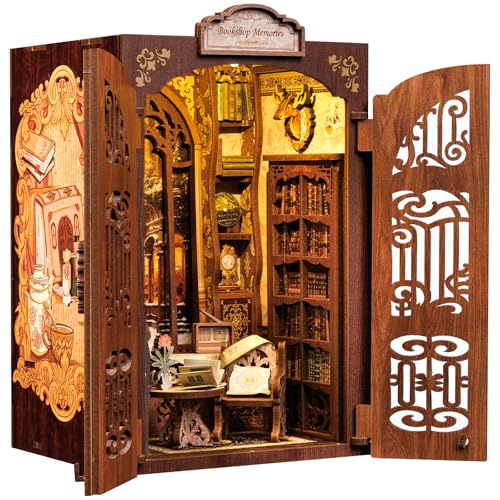 Cutefun Book Nook Kit - Puppenhaus Kitaus Holz,DIY Miniatur Puppenhaus Bücherecke Bibliothek Häuser Modellbausätze mit LED Leuchten Bücherregal Dekor,Bookshop Memories(SD01) von Cutefun